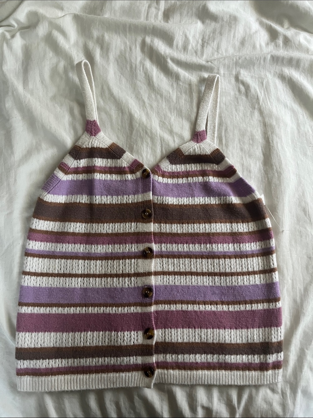 Striped V-Neck Knit Tank Sweater — Cream, Brown & Lavender